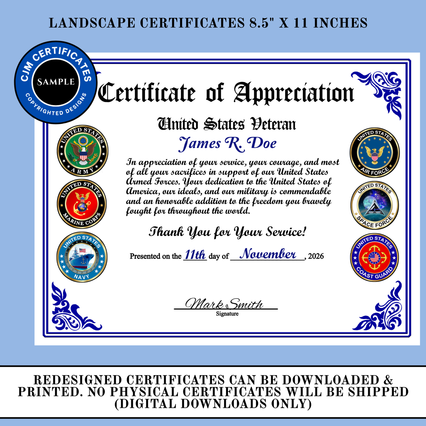 D22 Pack of 40 Veteran Certificates for Veterans Day Gifts, All Branches, Add Names, Self-Design (PDF/JPG)