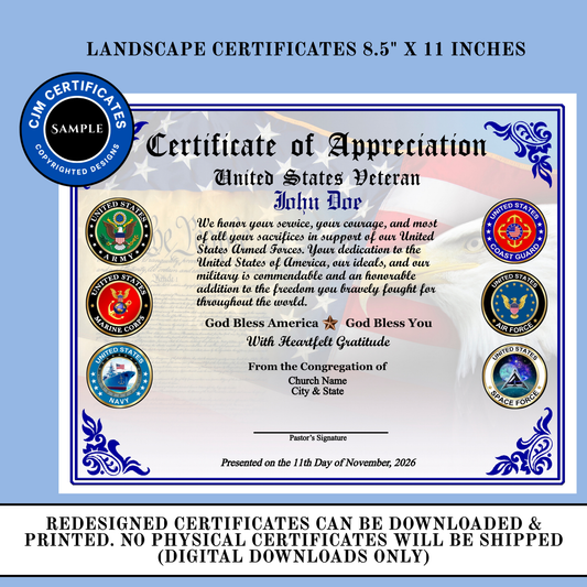 D55 Custom Ministry Veteran Certificates for Veterans Day Gifts: Edit & Download