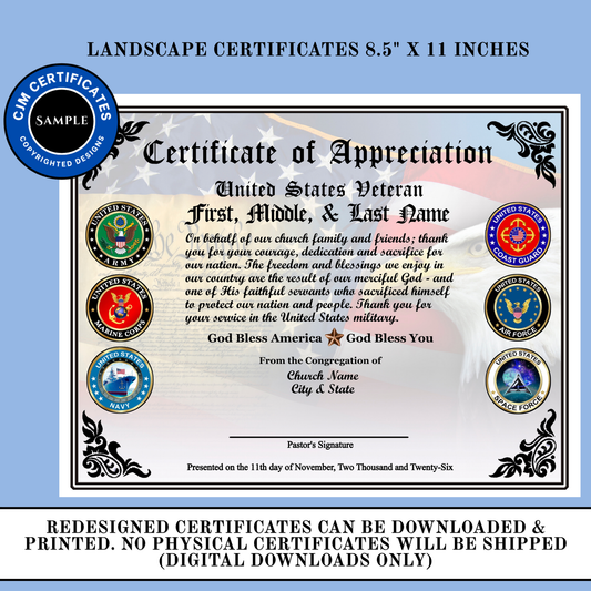D47 Custom US Veteran Certificates from Ministries: Edit & Download