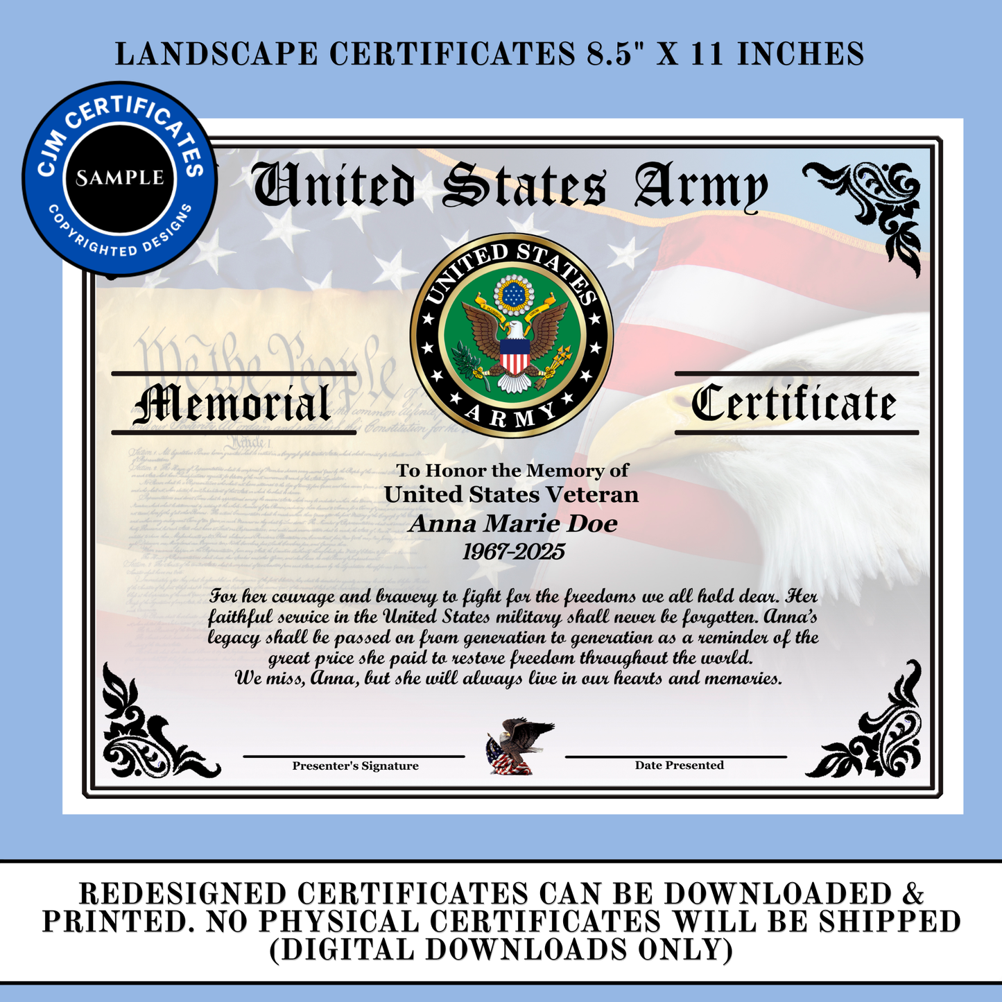 D20 US Military Veteran Memorial Certificate For Her: Edit & Download for All Branches