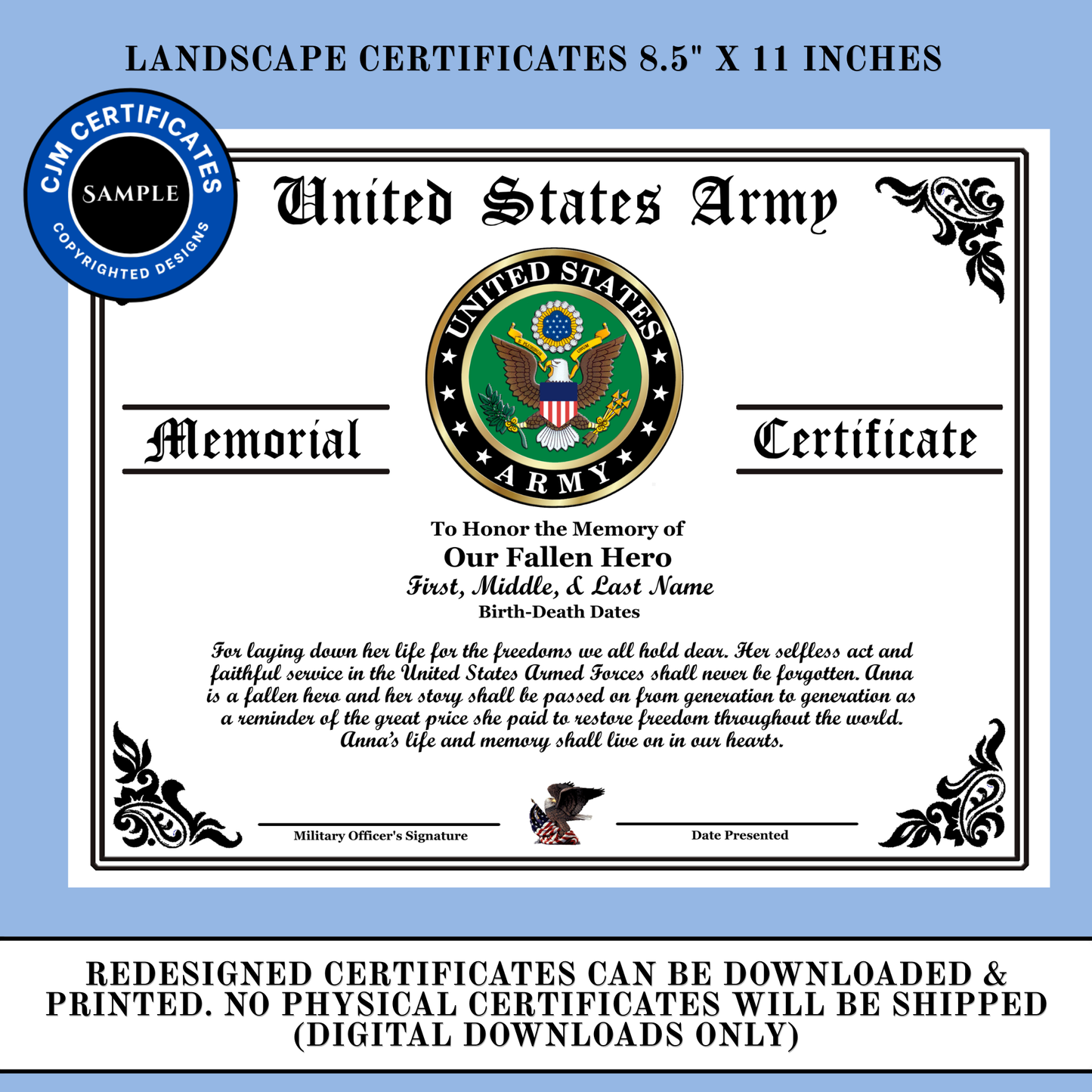 D25 US Military Fallen Hero Memorial Certificate For Her: Edit & Download: Use for Any Branch (Copy)