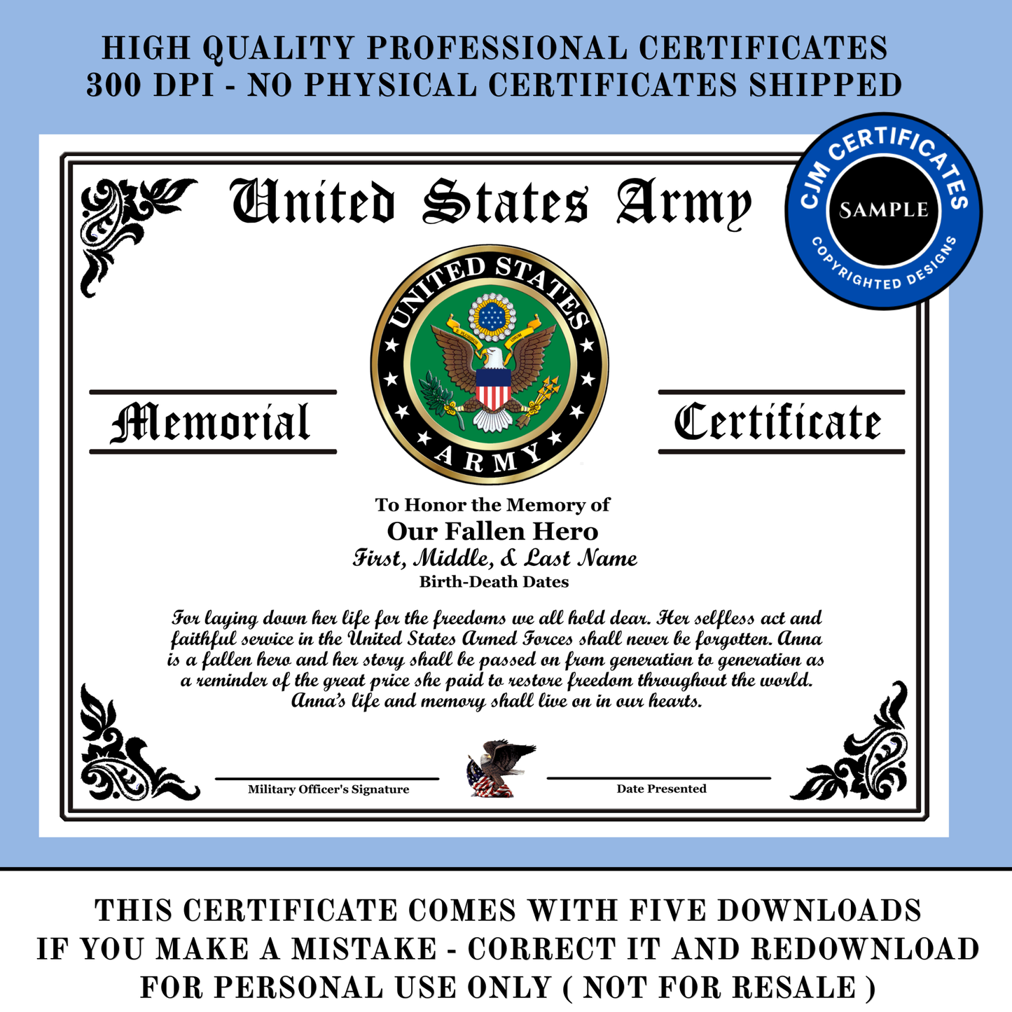 D25 US Military Fallen Hero Memorial Certificate For Her: Edit & Download: Use for Any Branch (Copy)