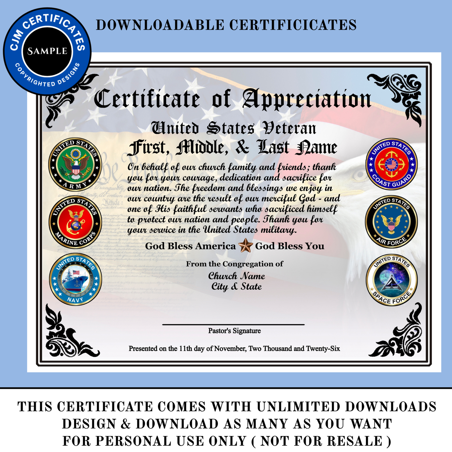 D47 Custom US Veteran Certificates from Ministries: Edit & Download