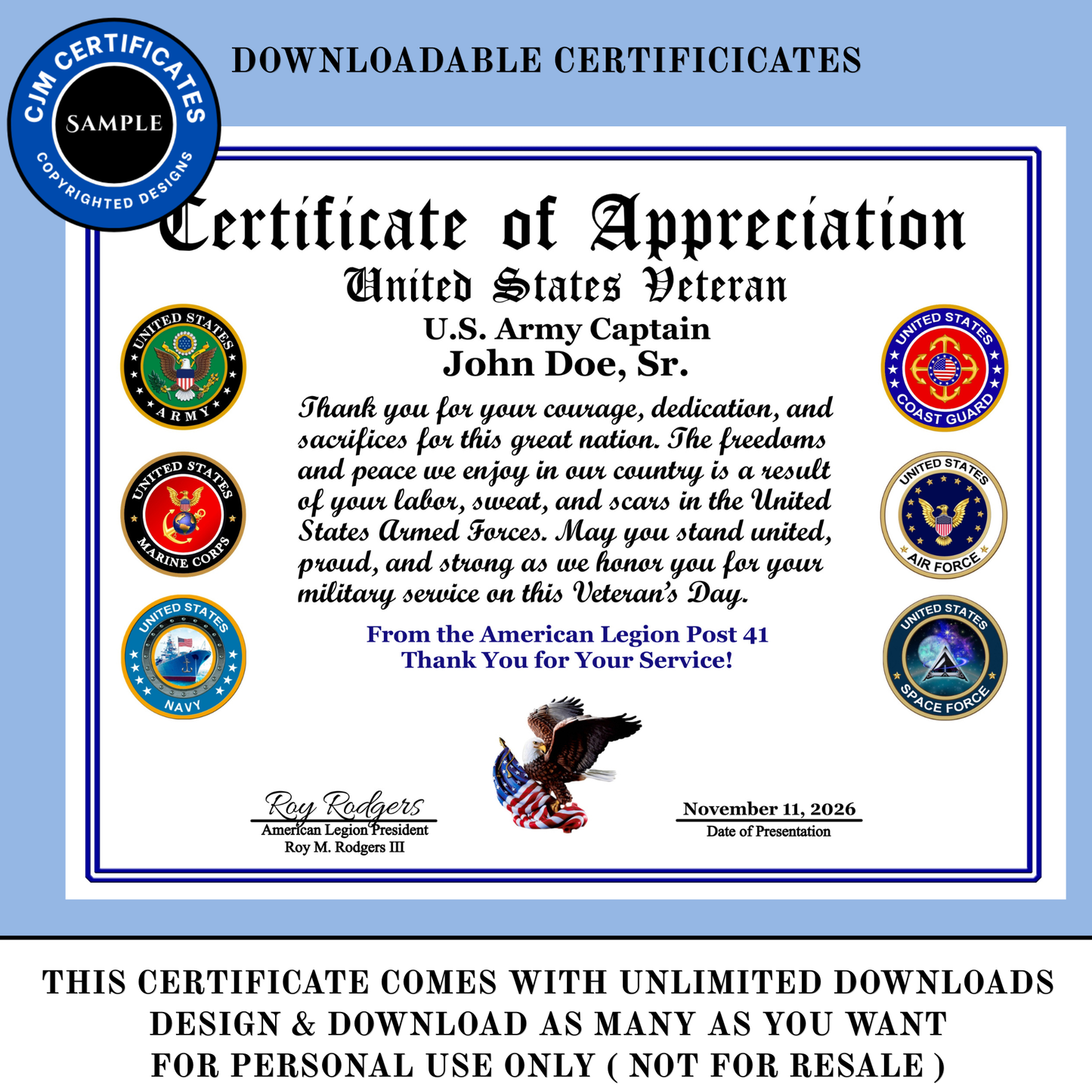 D45 Custom US Veteran Appreciation Certificates: Edit & Download