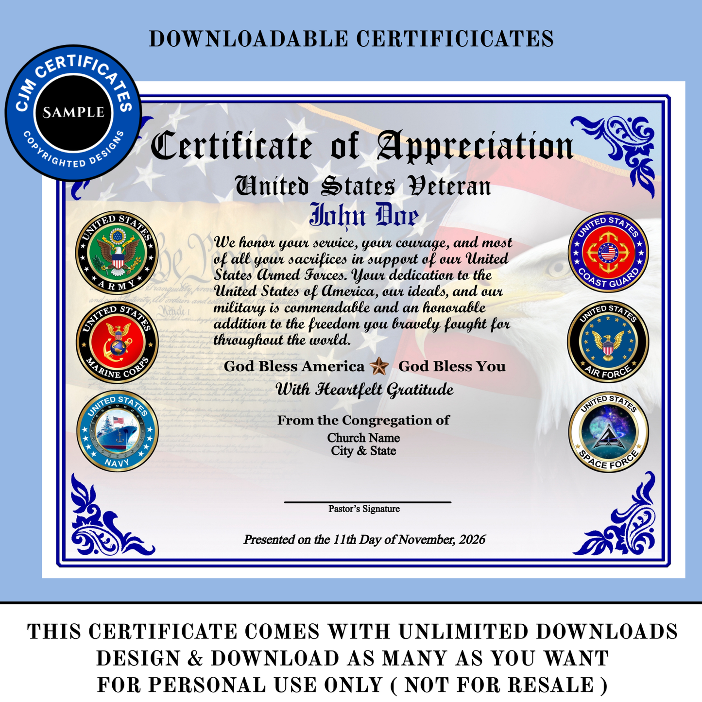 D55 Custom Ministry Veteran Certificates for Veterans Day Gifts: Edit & Download