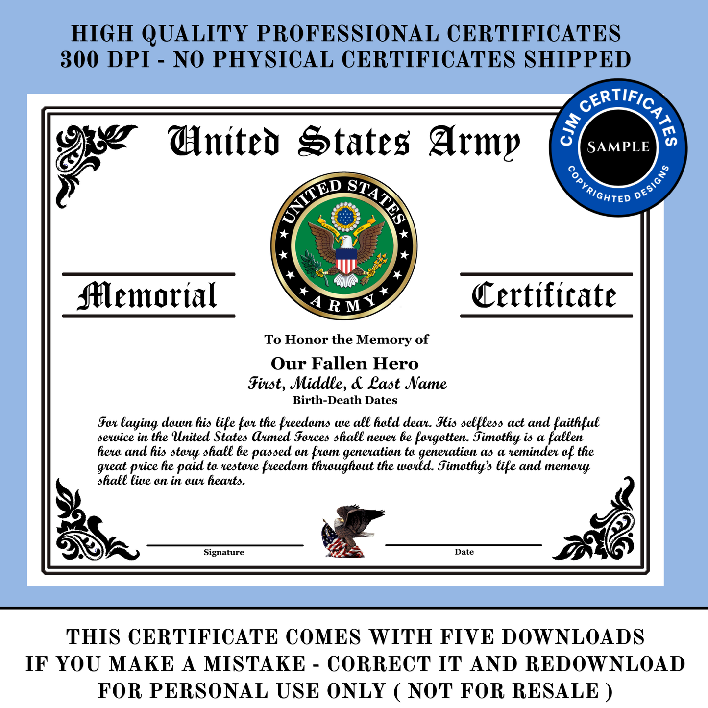 D10 US Military Our Fallen Hero Memorial Certificate: Edit & Download: Use for Any Branch