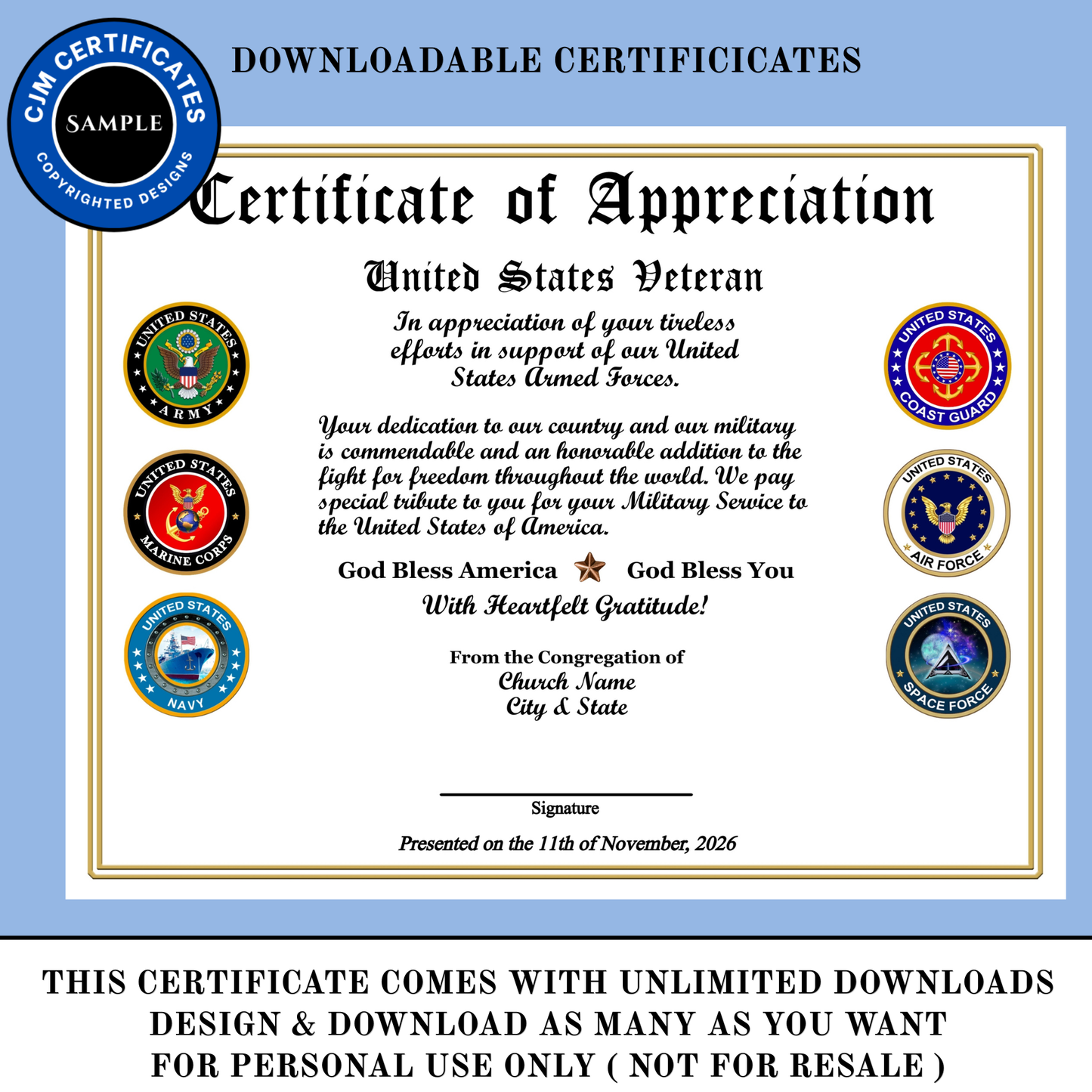 D49 Custom Ministry Veteran Certificates: Edit & Download