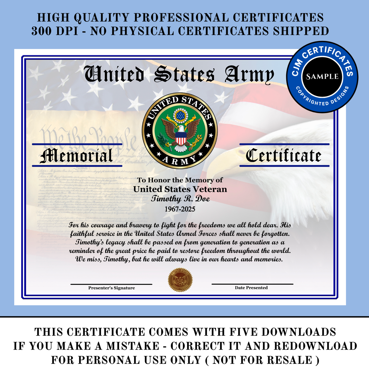 D29 US Army Veteran Memorial Certificate: Edit & Download for All Branches