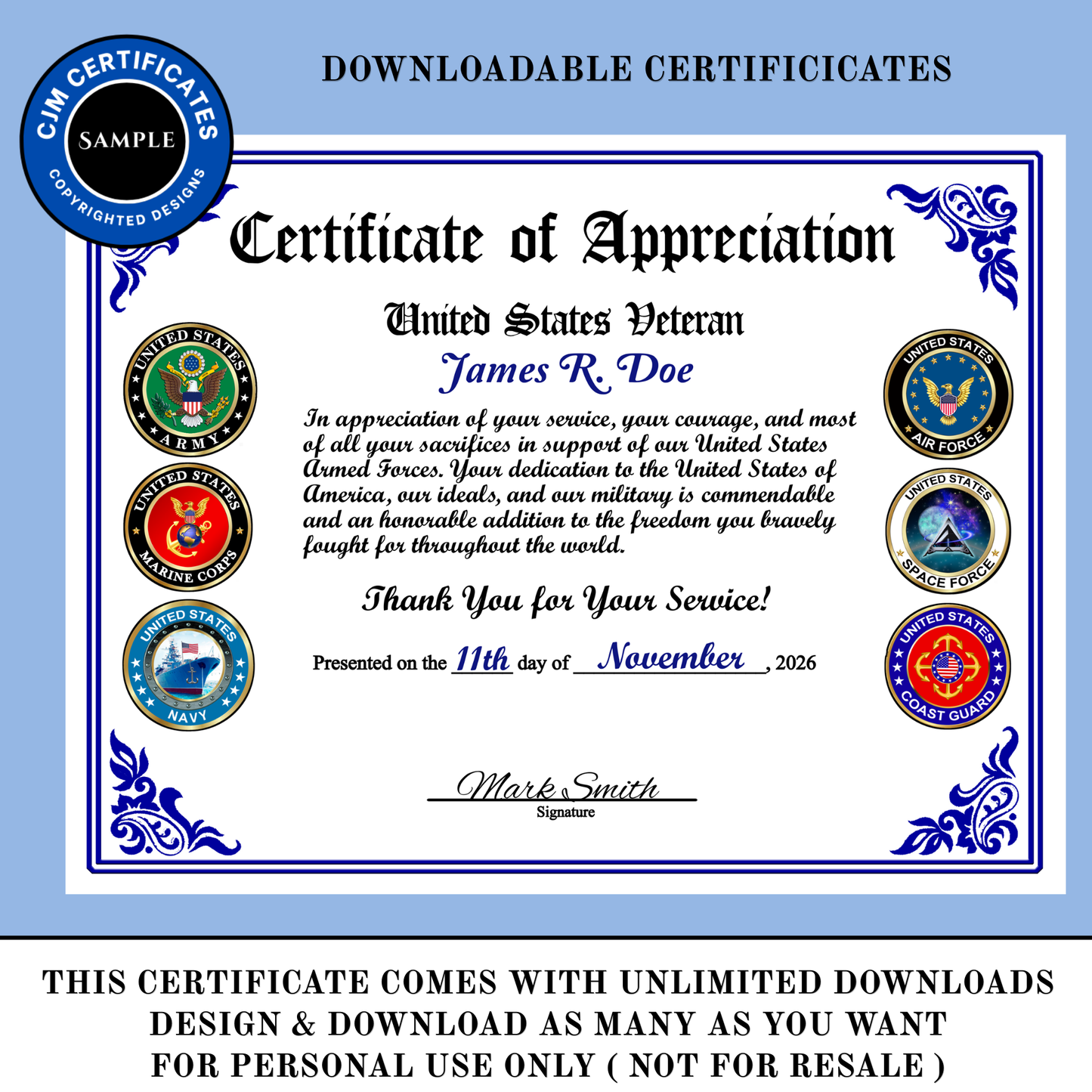 D22 Pack of 40 Veteran Certificates for Veterans Day Gifts, All Branches, Add Names, Self-Design (PDF/JPG)