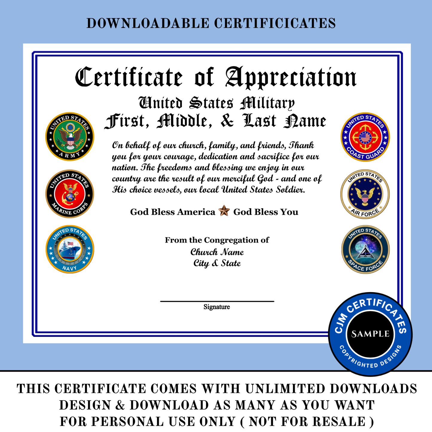 D8 Custom Military Certificates for Churches: Edit & Download