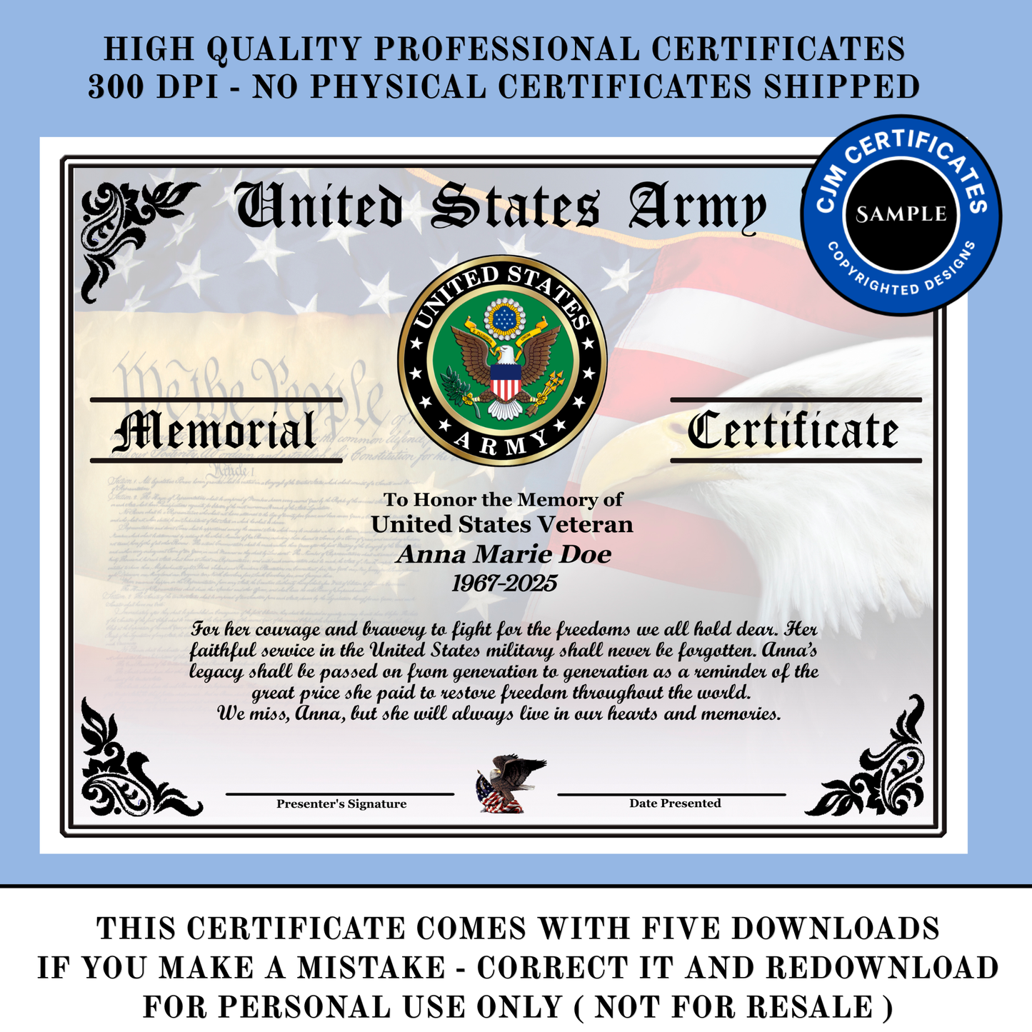 D20 US Military Veteran Memorial Certificate For Her: Edit & Download for All Branches