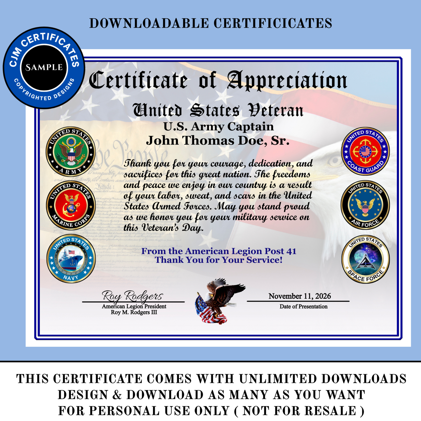 D44 Pack of 40 Veteran Certificates for Veterans Day, All Branches, Add Names, Self-Design (PDF/JPG)