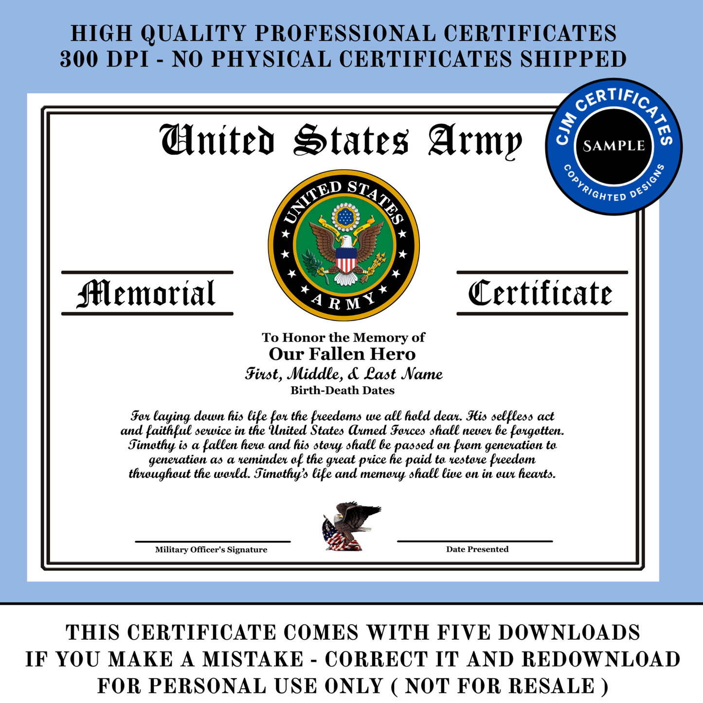 D24 US Military Fallen Hero Memorial Certificate: Edit & Download: Use for Any Branch