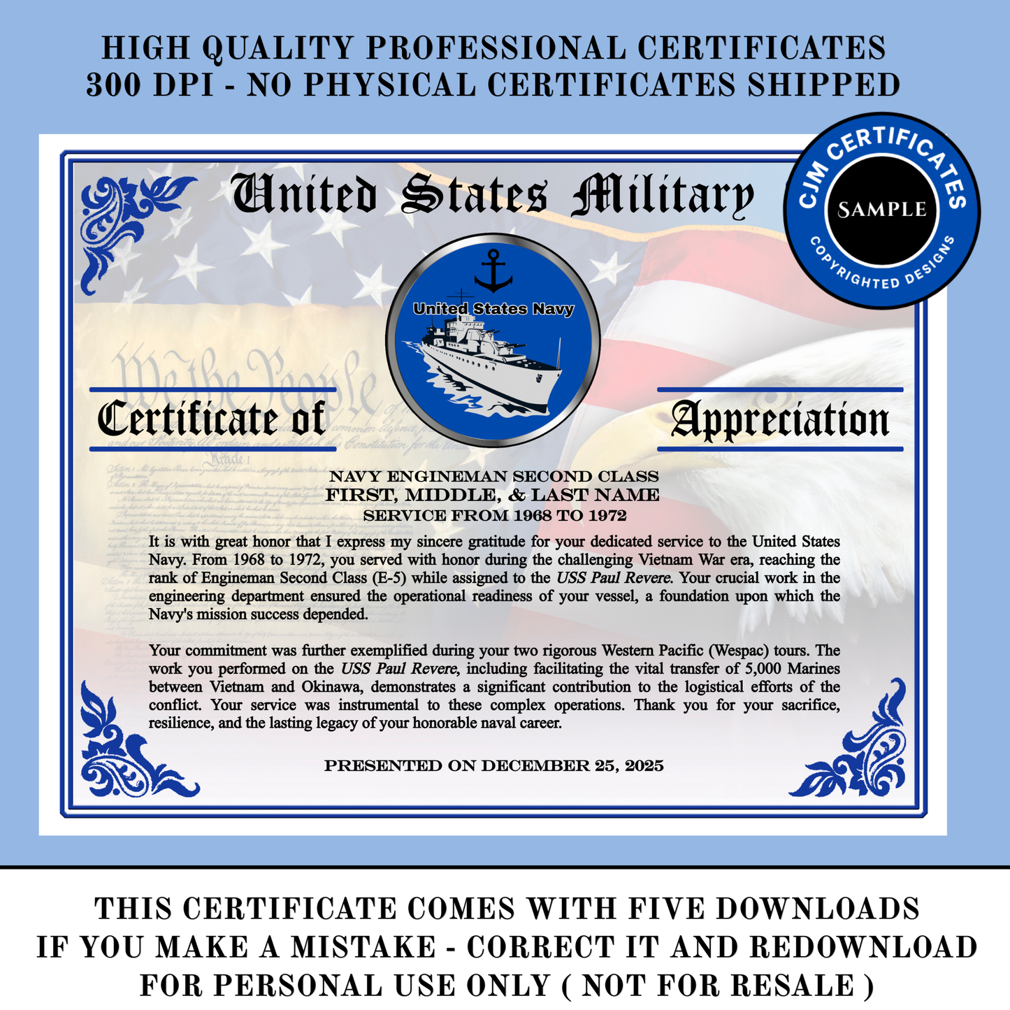 D11 US Navy Promotion/Experience Certificates Pack: Edit & Download
