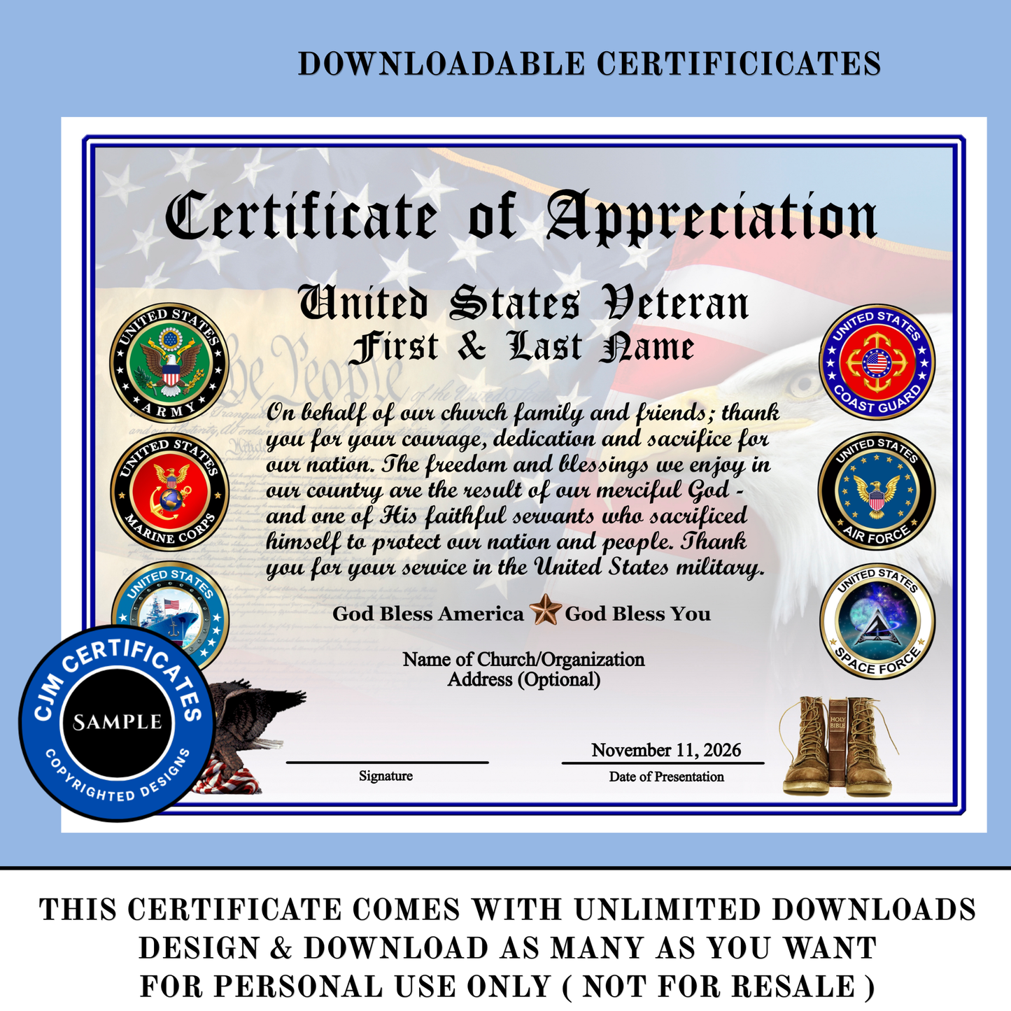 D18 All Services Veteran Appreciation Certificates: Edit & Download