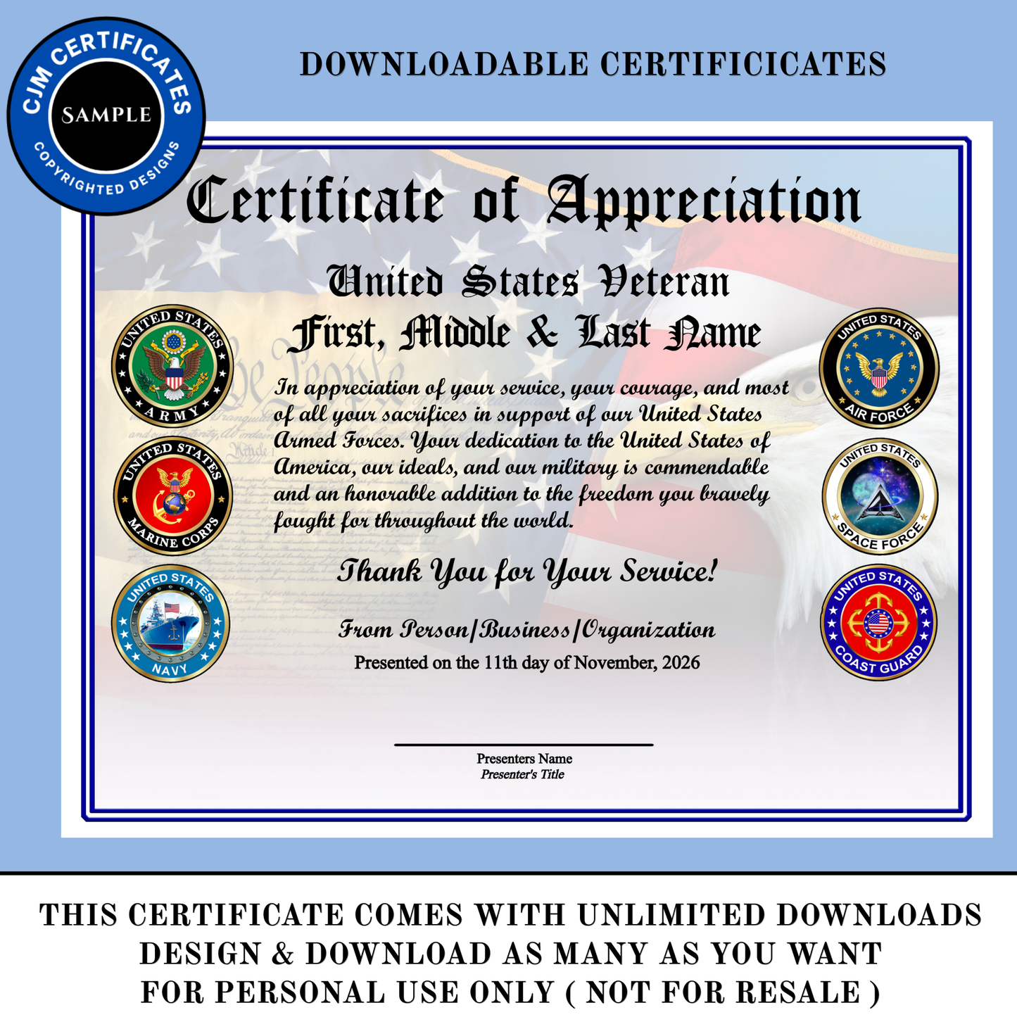 D15 Custom Veteran Certificates for Veterans Day Gifts: Edit & Download