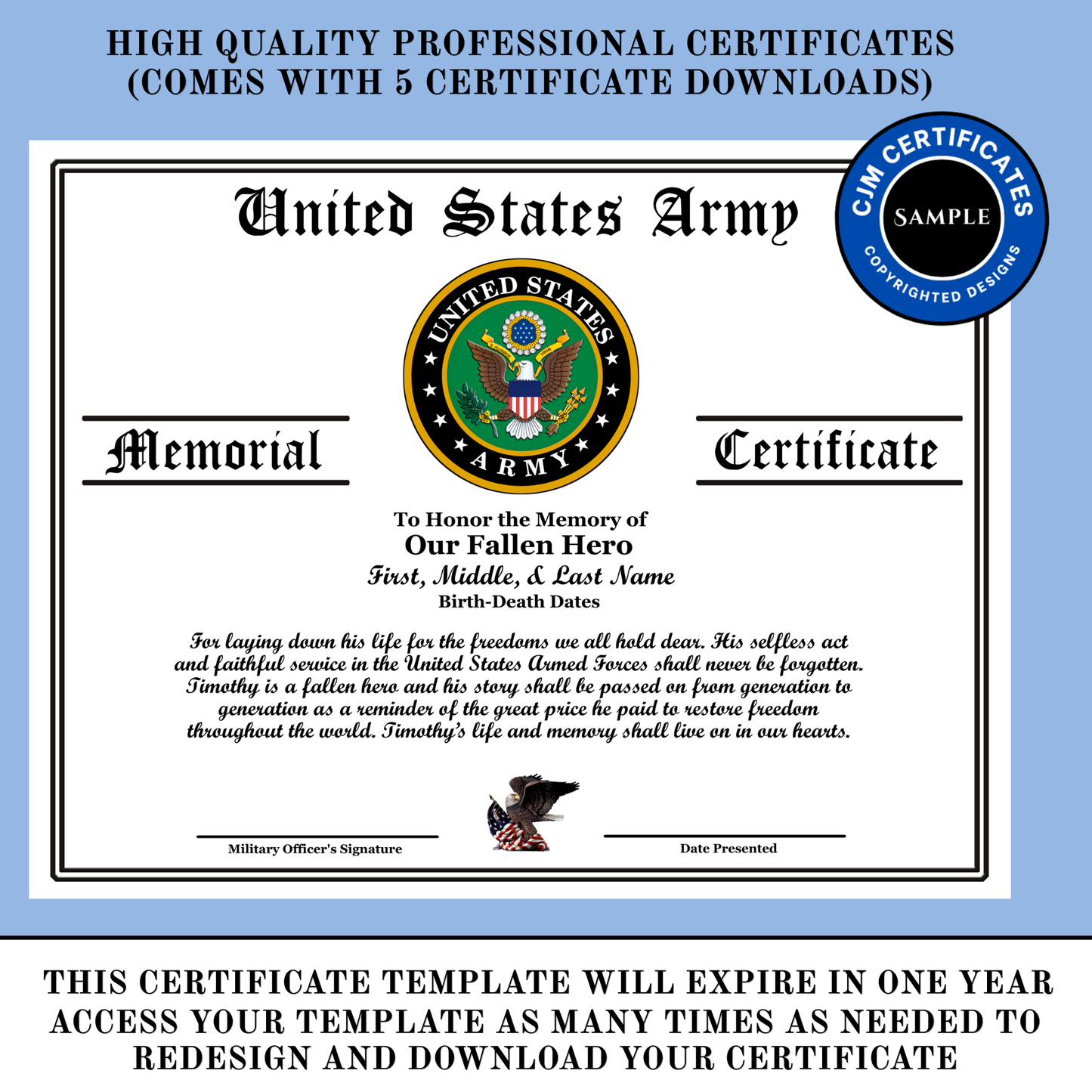 D24 US Military Fallen Hero Memorial Certificate: Edit & Download: Use for Any Branch