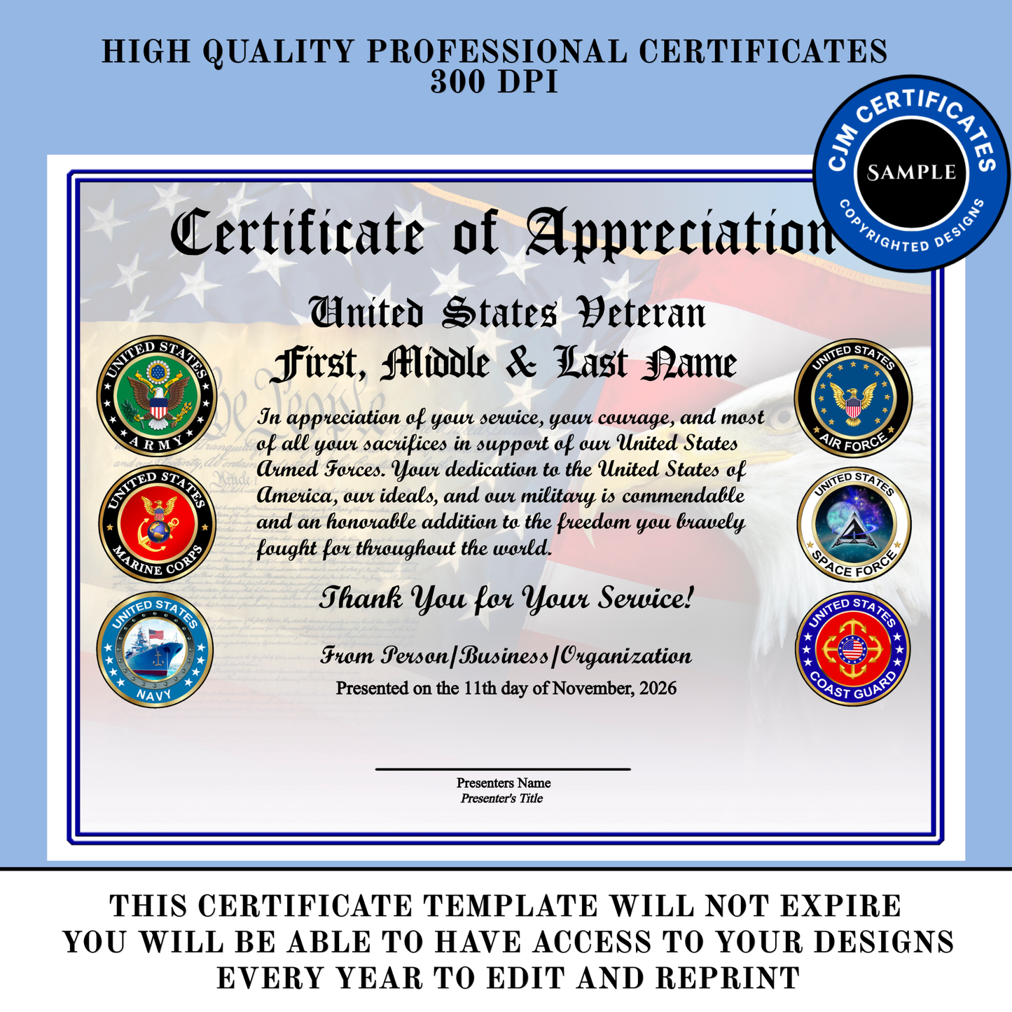 D15 Custom Veteran Certificates for Veterans Day Gifts: Edit & Download