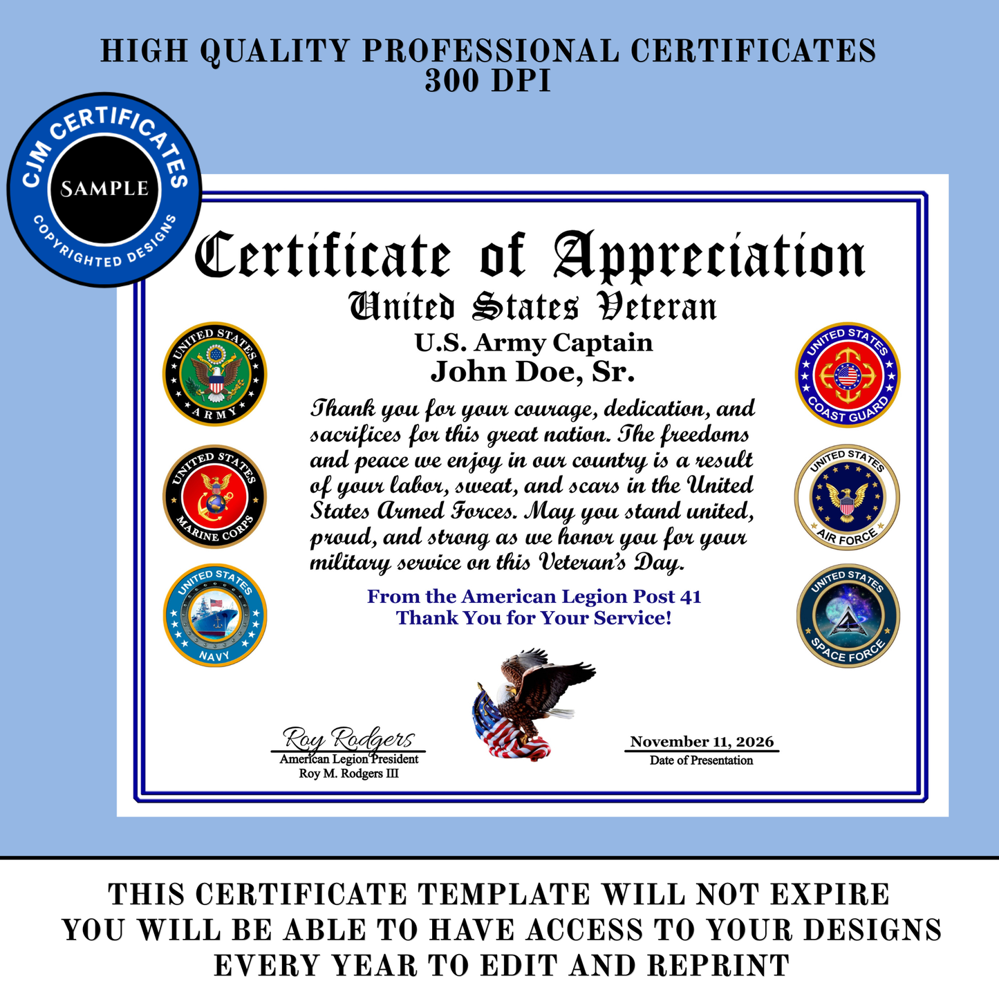 D45 Custom US Veteran Appreciation Certificates: Edit & Download