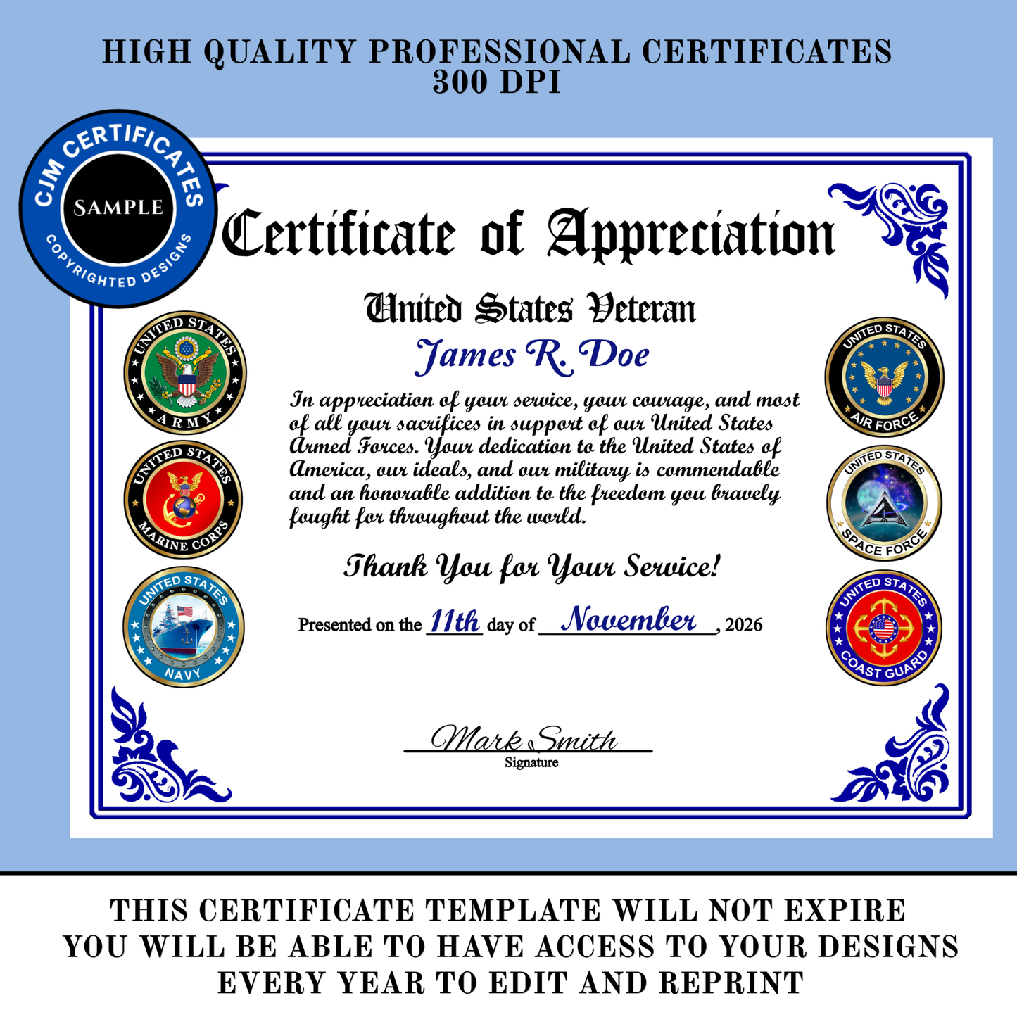 D22 Pack of 40 Veteran Certificates for Veterans Day Gifts, All Branches, Add Names, Self-Design (PDF/JPG)