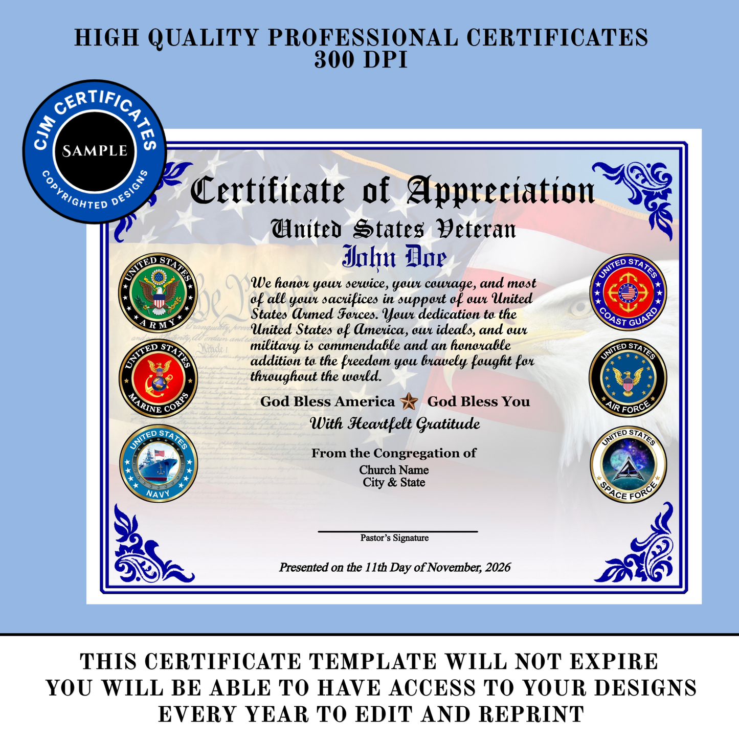 D55 Custom Ministry Veteran Certificates for Veterans Day Gifts: Edit & Download