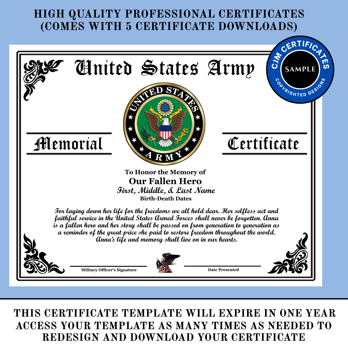 D25 US Military Fallen Hero Memorial Certificate For Her: Edit & Download: Use for Any Branch (Copy)