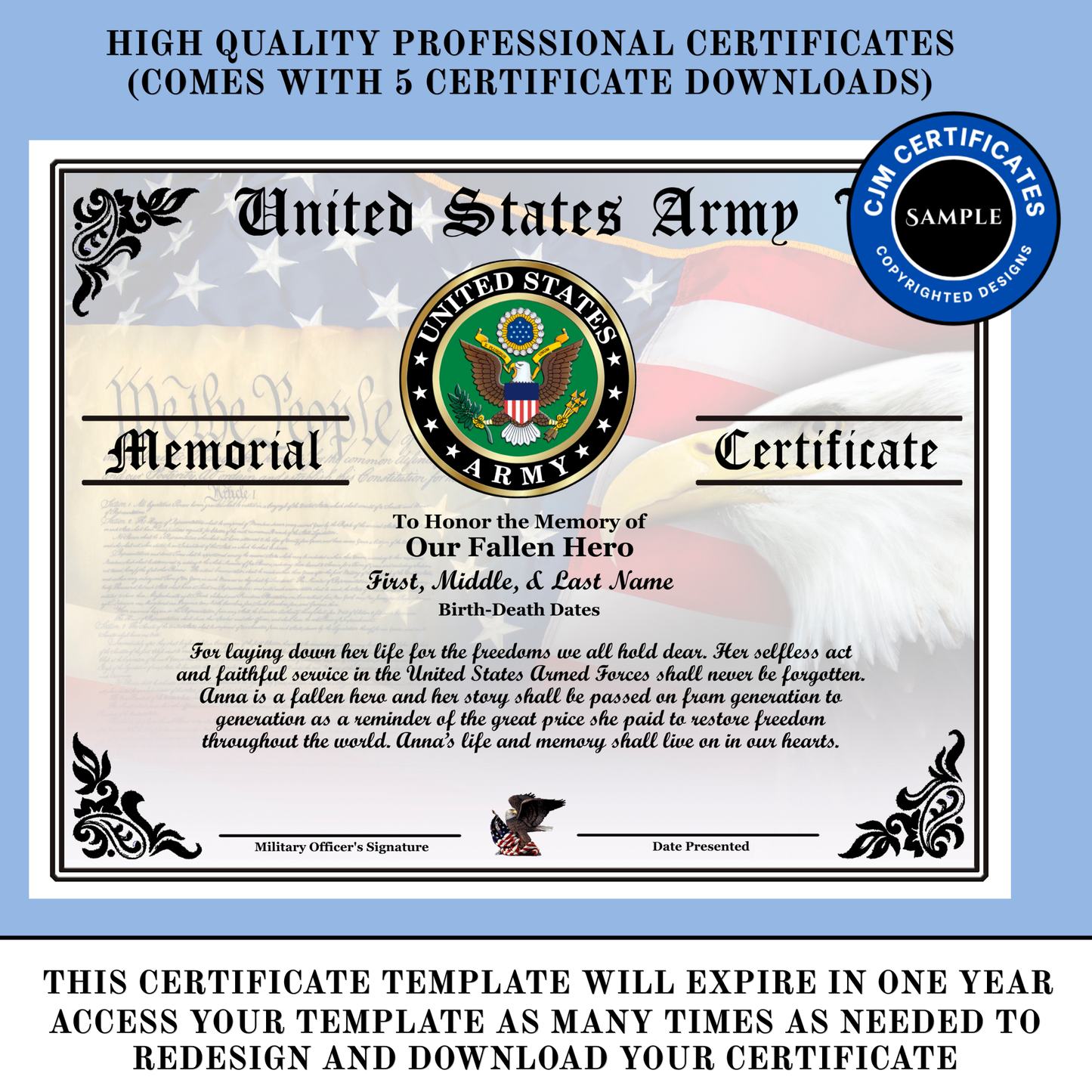 D28 US Army Fallen Hero Memorial Certificate For Her: Edit & Download: Use for Any Branch (Copy) (Copy)