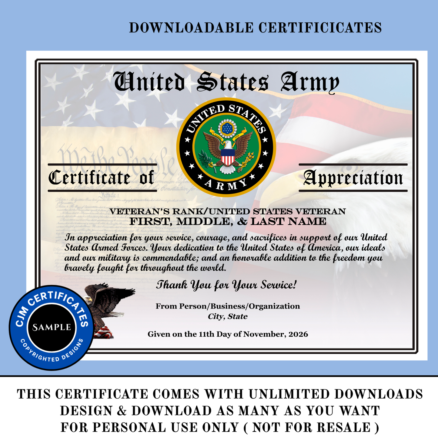 D68 Custom Veteran Certificates Pack for Veterans Day Gifts: Edit & Download (Unlimited)