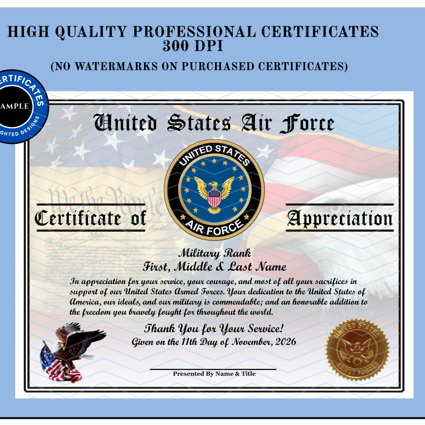 A United States Air Force Certificate of Appreciation to be designed to your expectations, professionally printed and shipped with a AF emblem, and a gold seal, shown on a light blue background with promotional text.