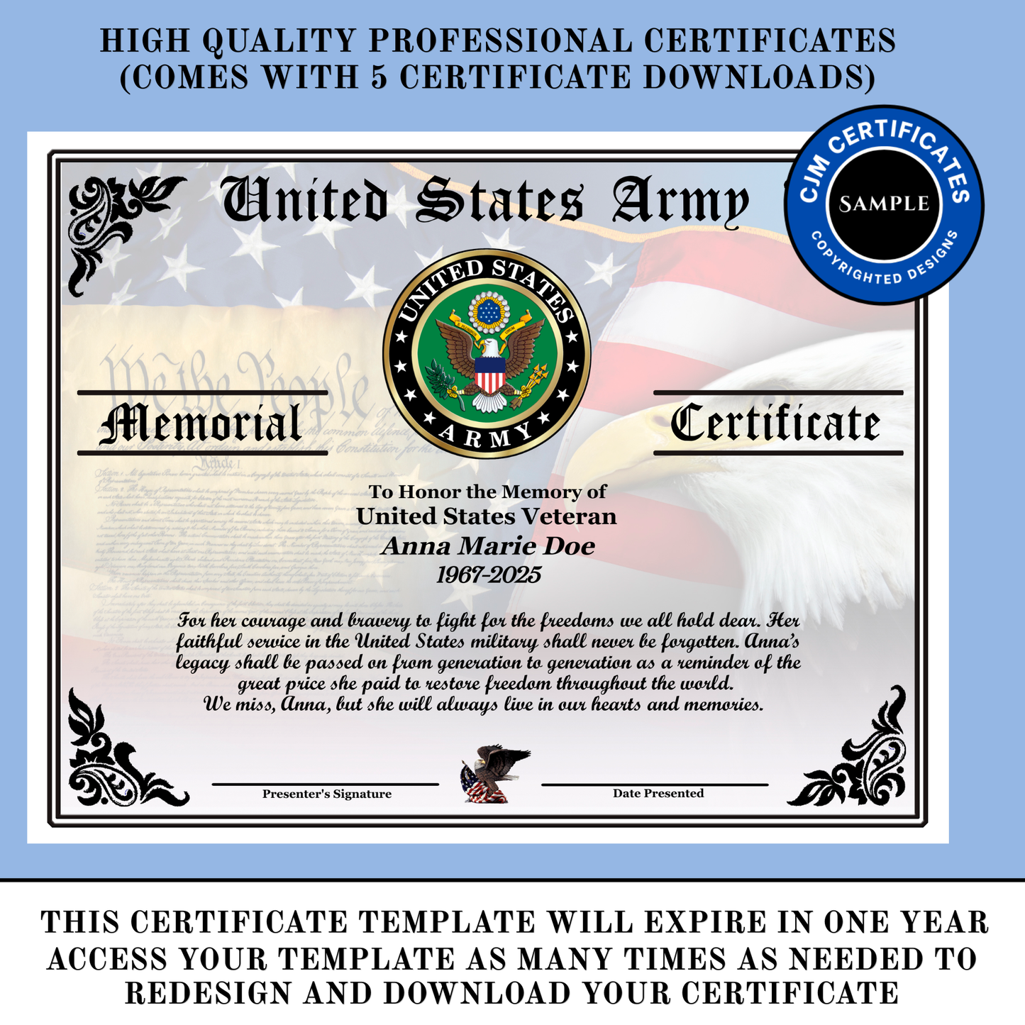 D20 US Military Veteran Memorial Certificate For Her: Edit & Download for All Branches