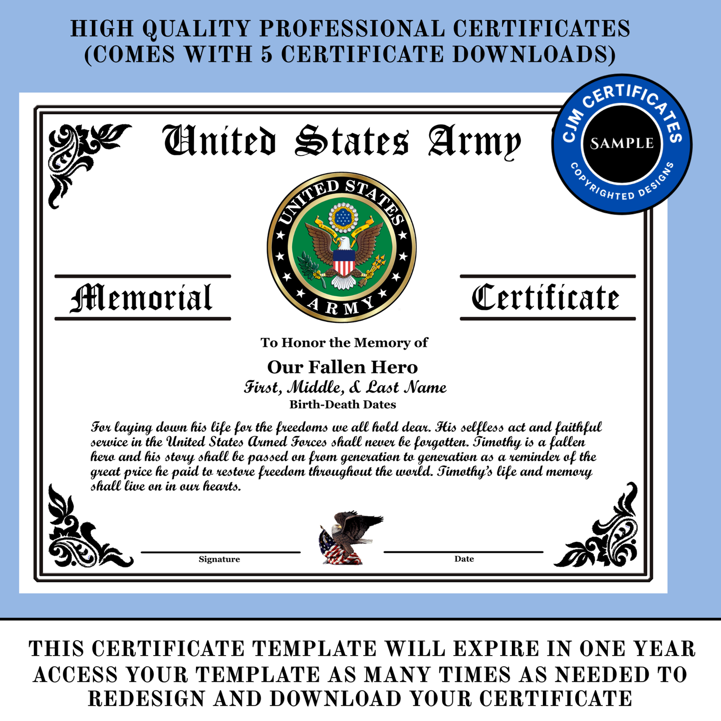 D10 US Military Our Fallen Hero Memorial Certificate: Edit & Download: Use for Any Branch