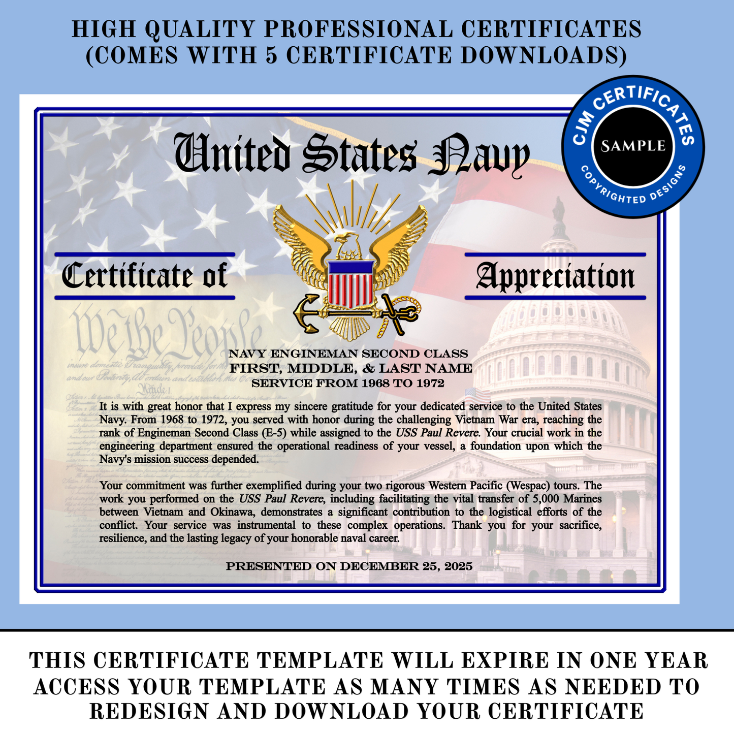 D11 US Navy Promotion/Experience Certificates Pack: Edit & Download