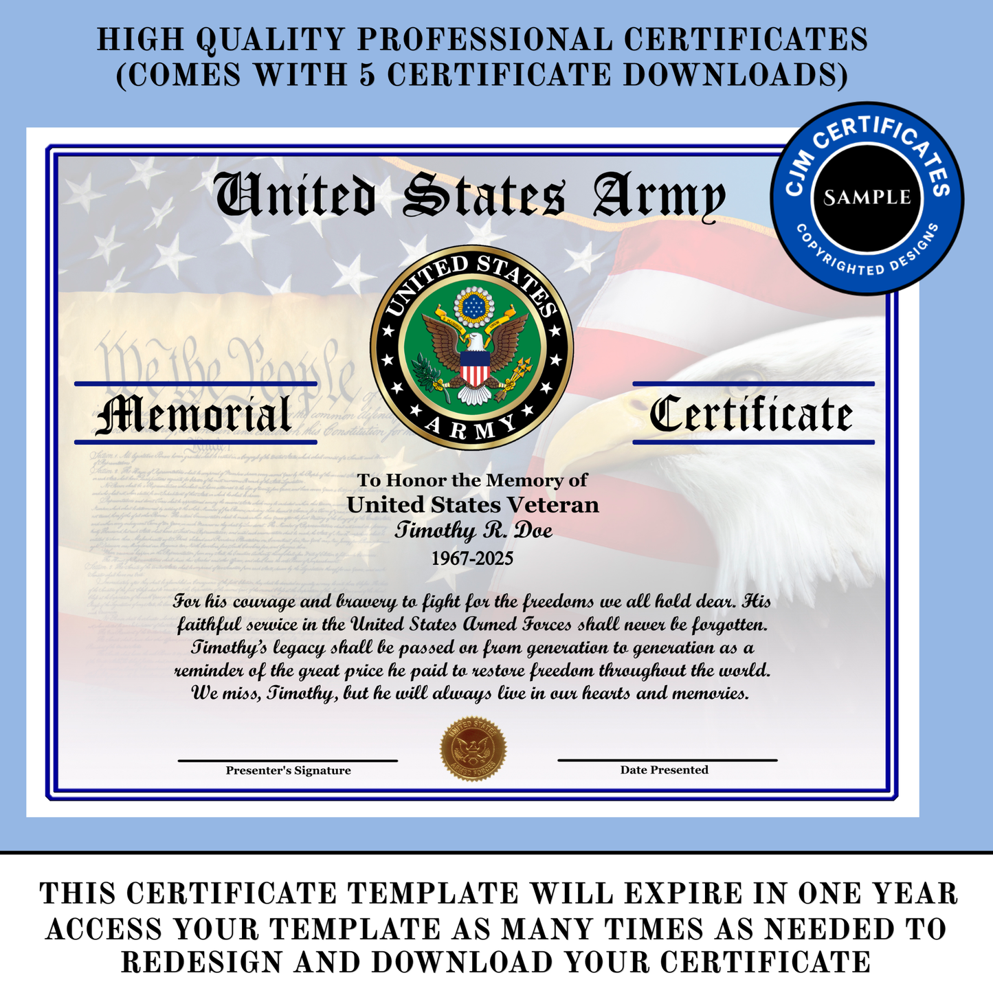 D29 US Army Veteran Memorial Certificate: Edit & Download for All Branches
