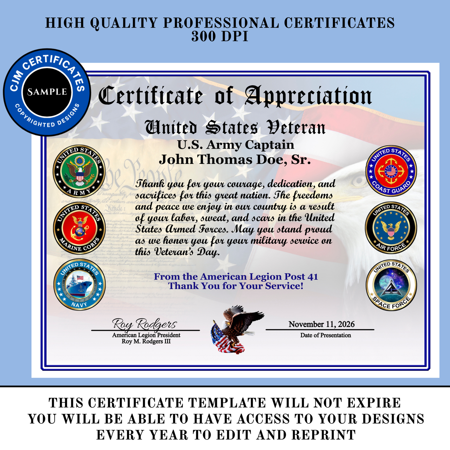 D44 Pack of 40 Veteran Certificates for Veterans Day, All Branches, Add Names, Self-Design (PDF/JPG)
