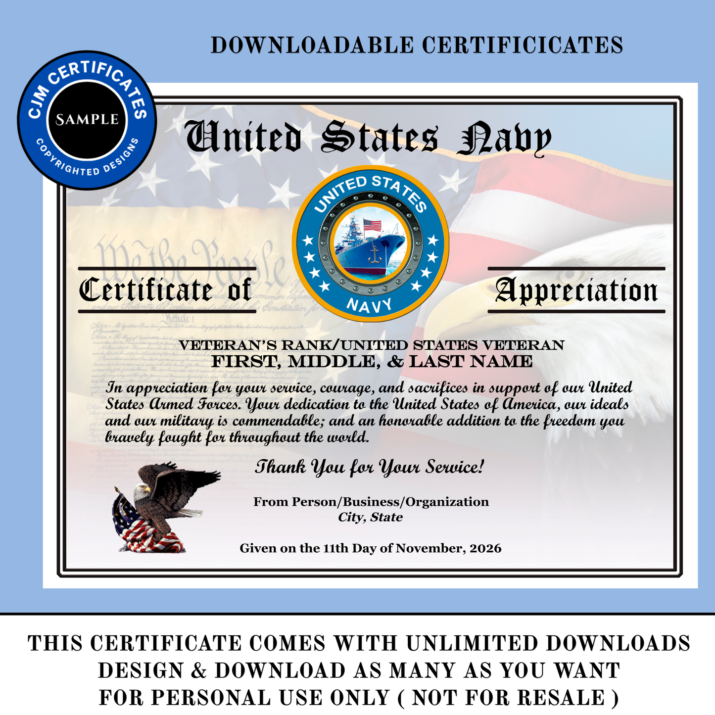 D68 Custom Veteran Certificates Pack for Veterans Day Gifts: Edit & Download (Unlimited)