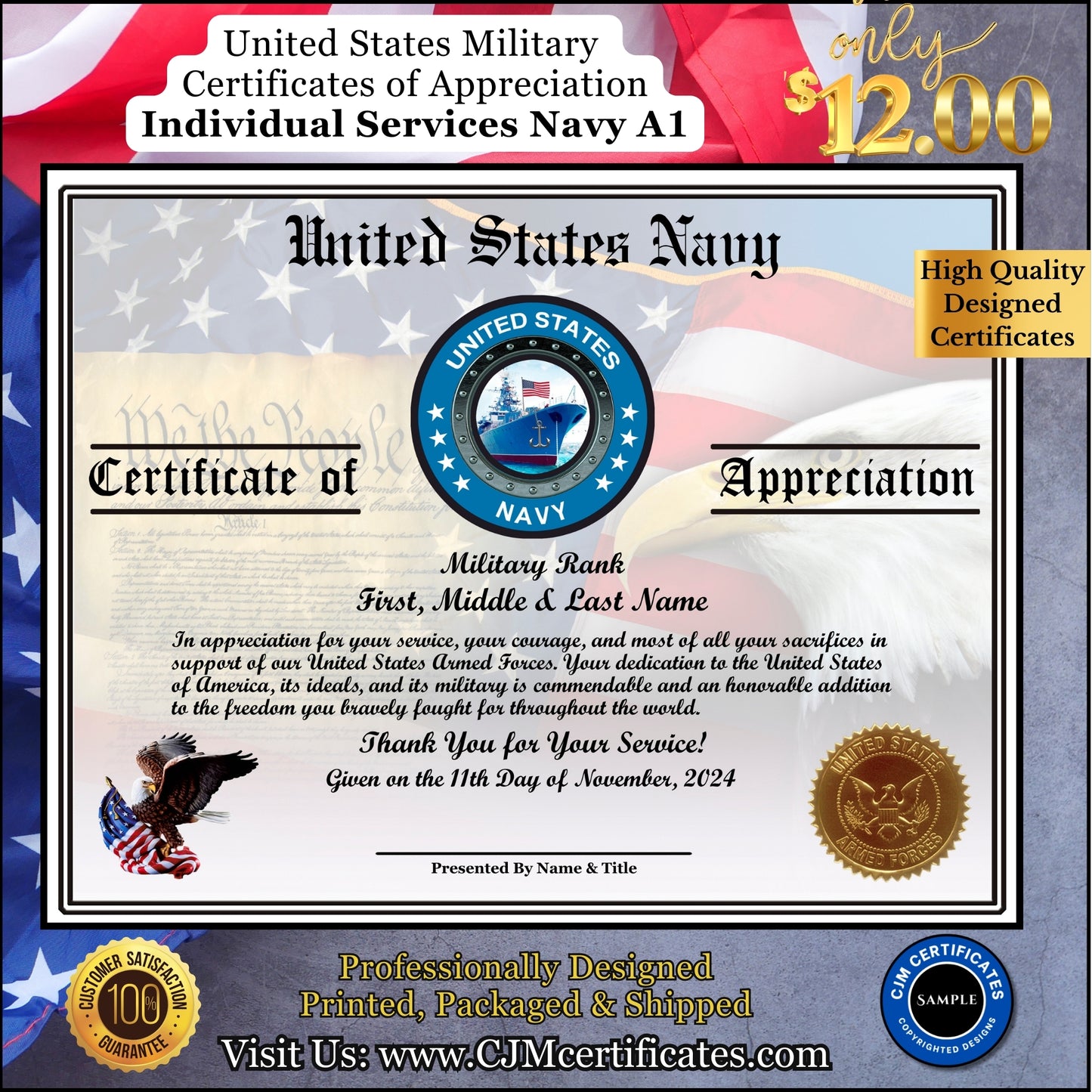 Veteran Certificates of Appreciation-Designed, Printed & Shipped