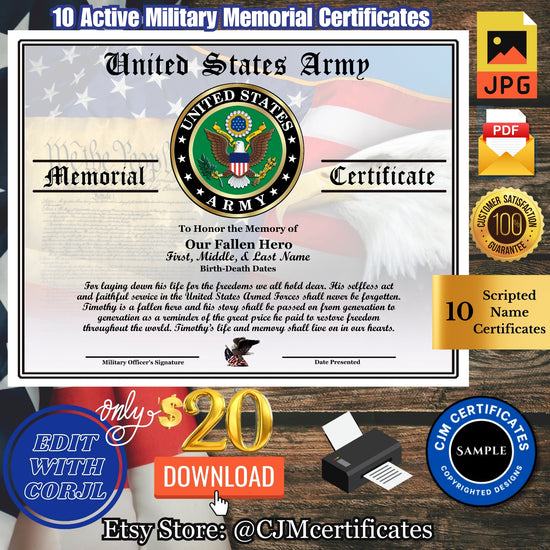 Our Fallen Hero U.S. Army Memorial Certificate