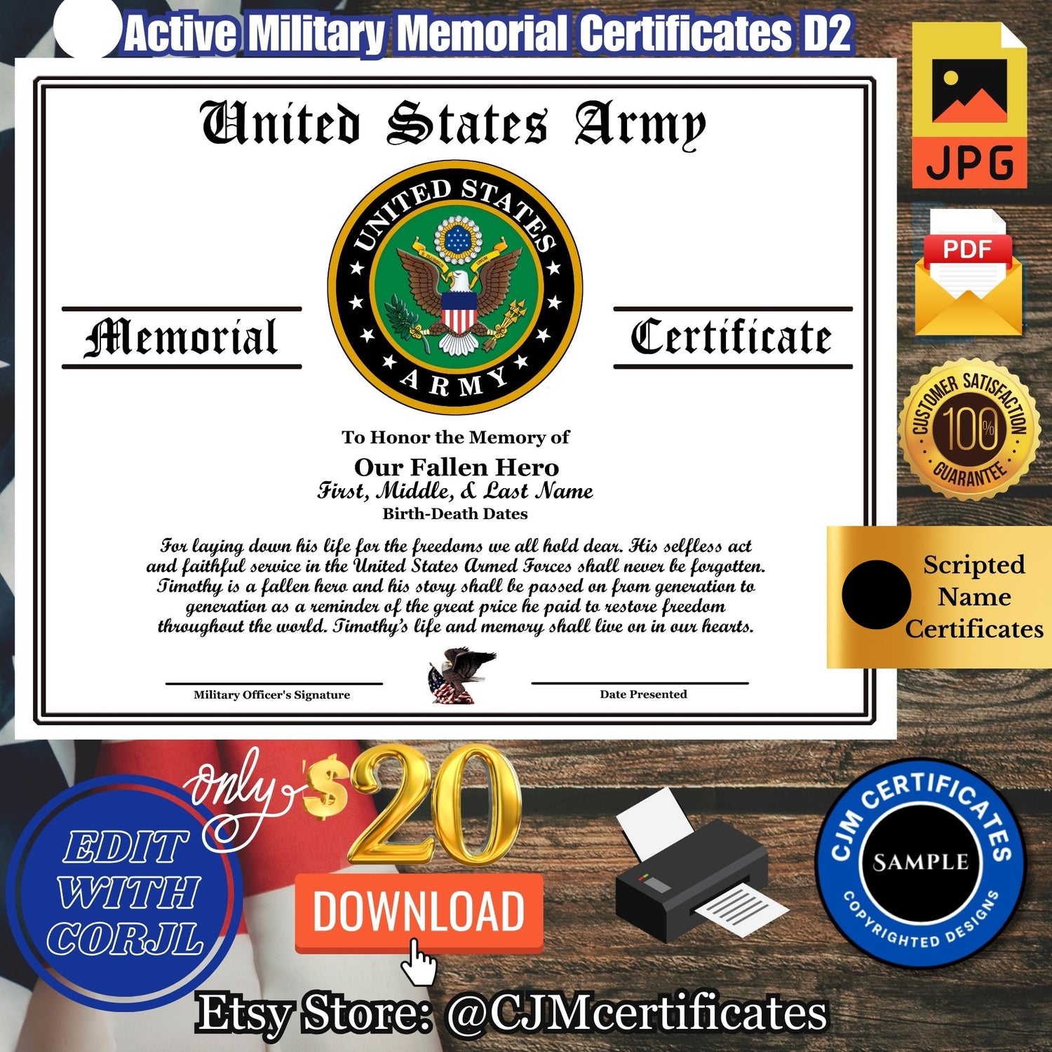 Our Fallen Hero Active Military Certificate