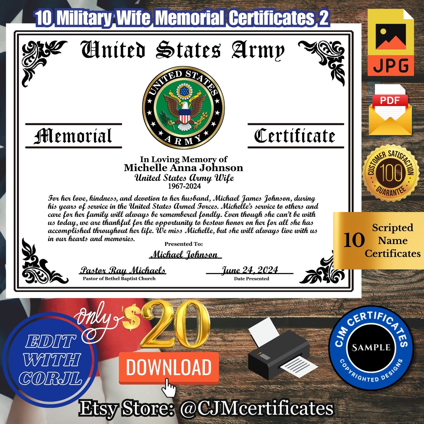 Military Wife Memorial Certificates D2-10 Pack