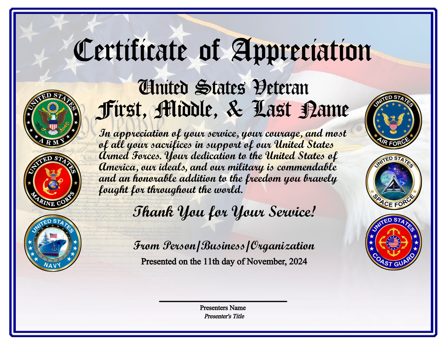All Services Veteran Appreciation Certificates