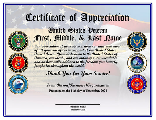 All Services Veteran Appreciation Certificates