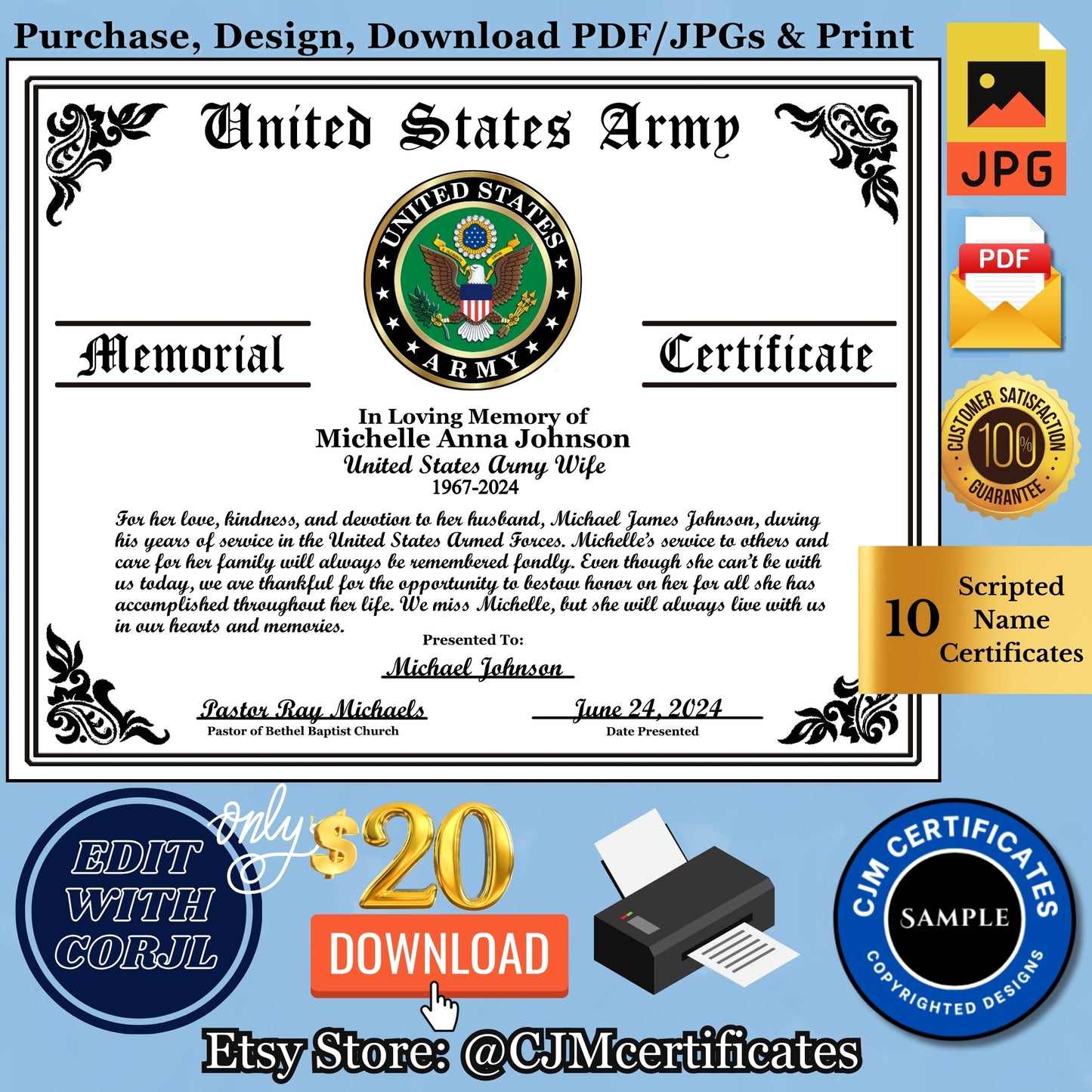 Personalized Military Veteran Memorial Certificate Downloads