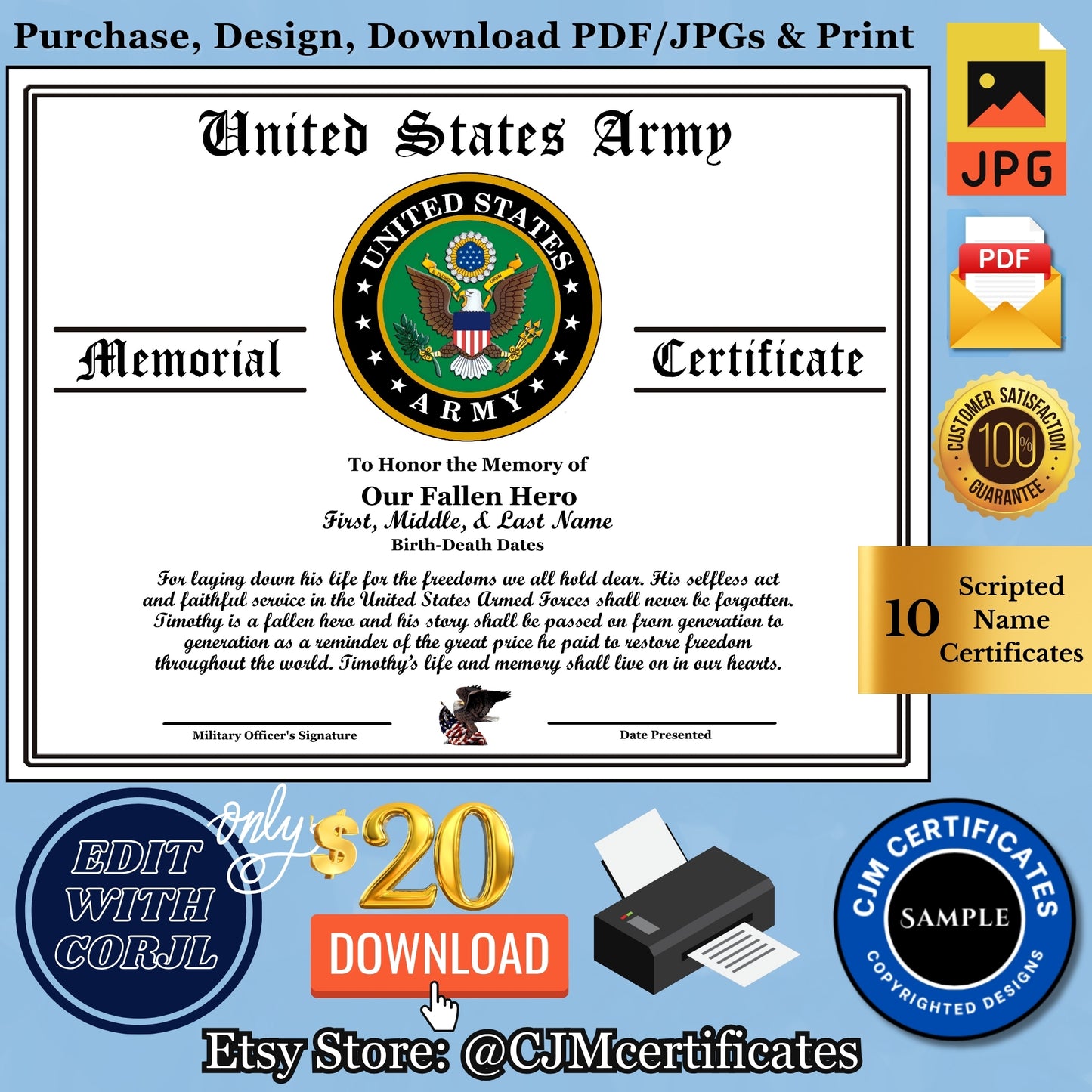 Personalize your Military Memorial Certificate