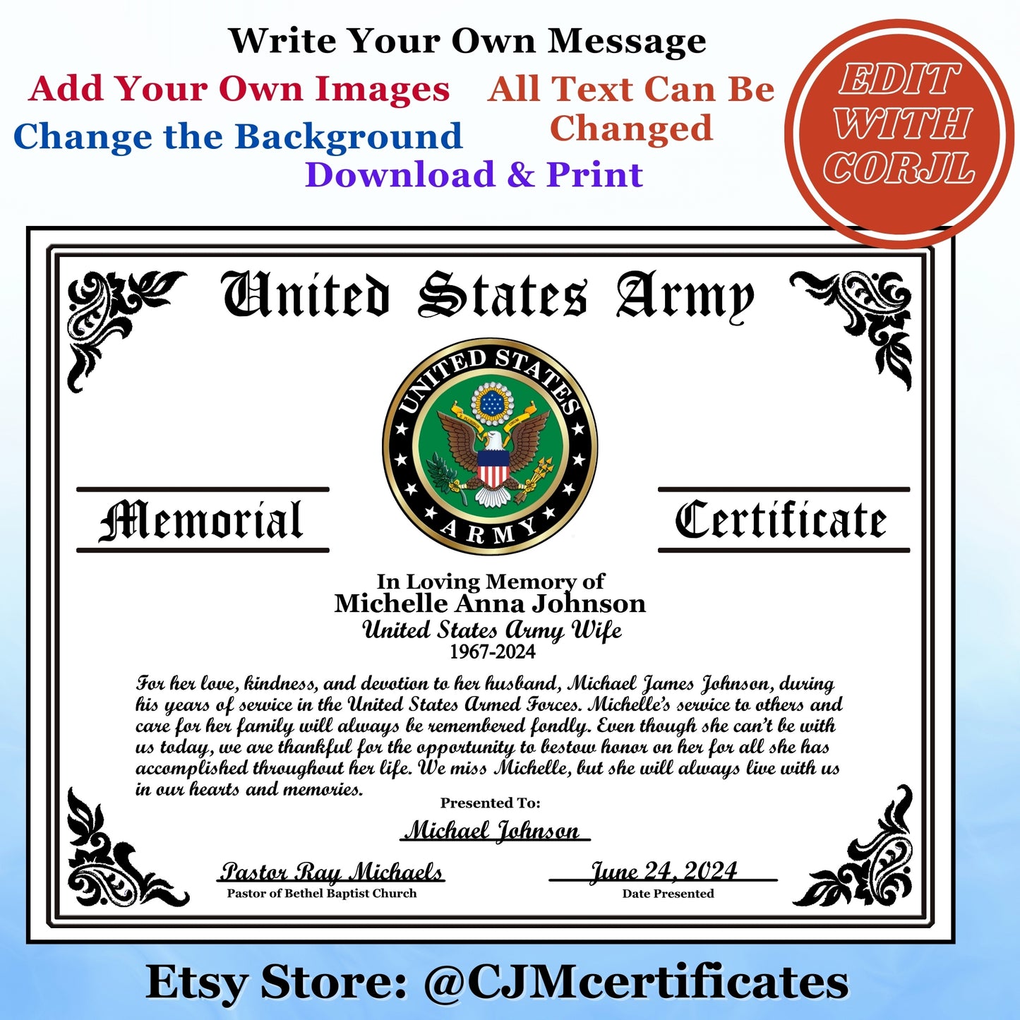 Personalized Military Veteran Memorial Certificates