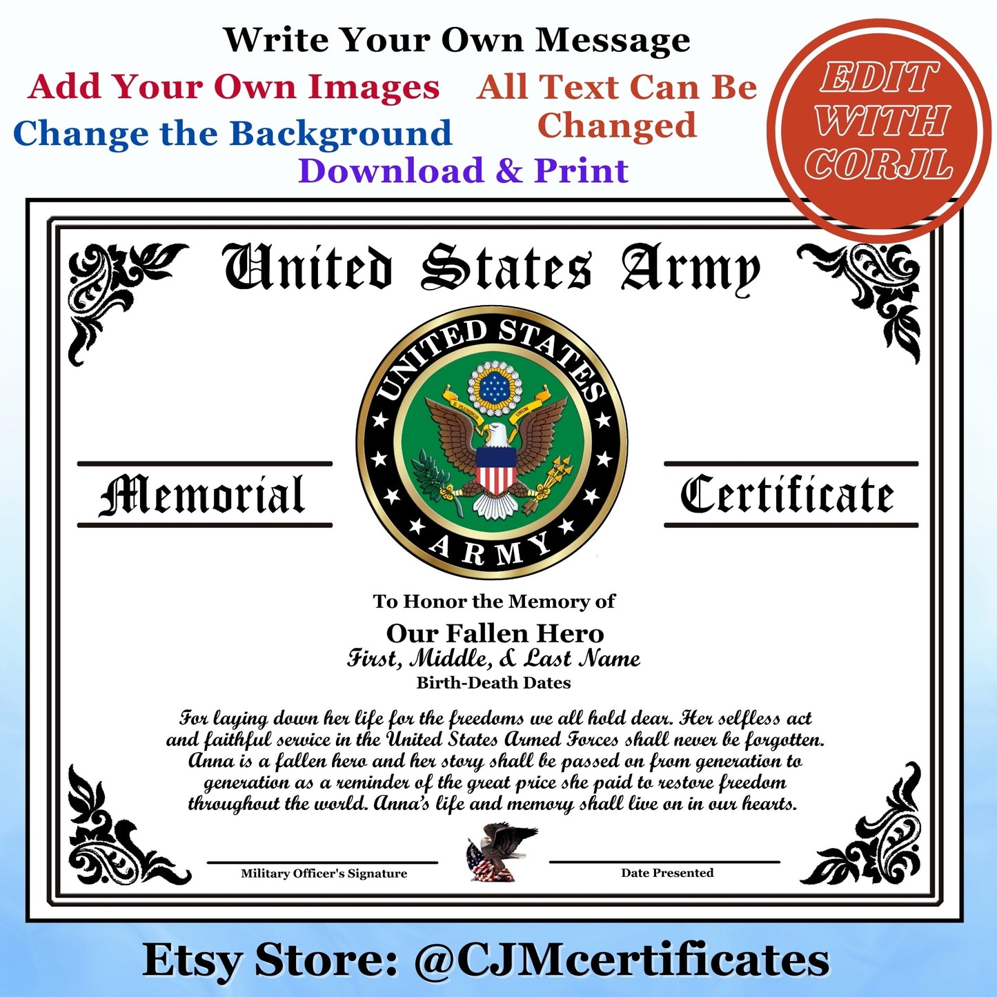 Our Fallen Hero Memorial Certificate-You Can Customize in Corjl