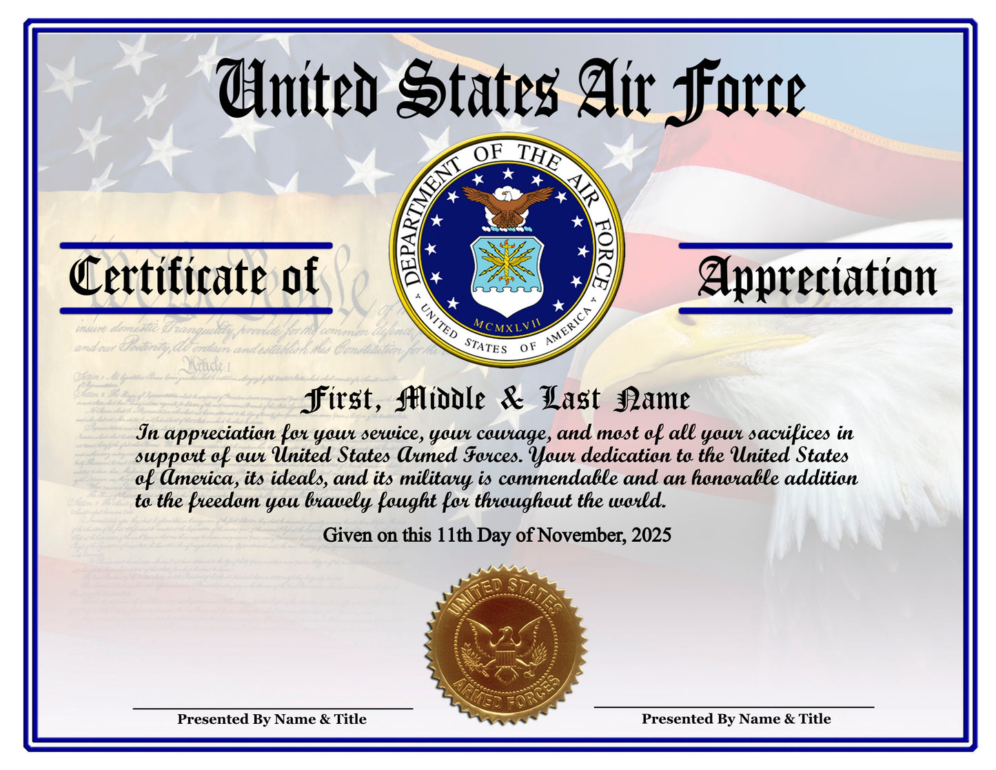 P13 Printed Veterans Day Certificates Pack