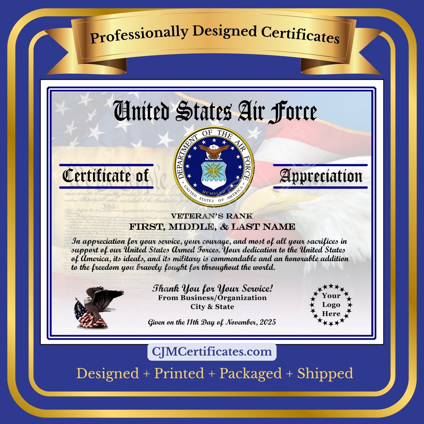 P11 Printed Veterans Day Certificates Pack