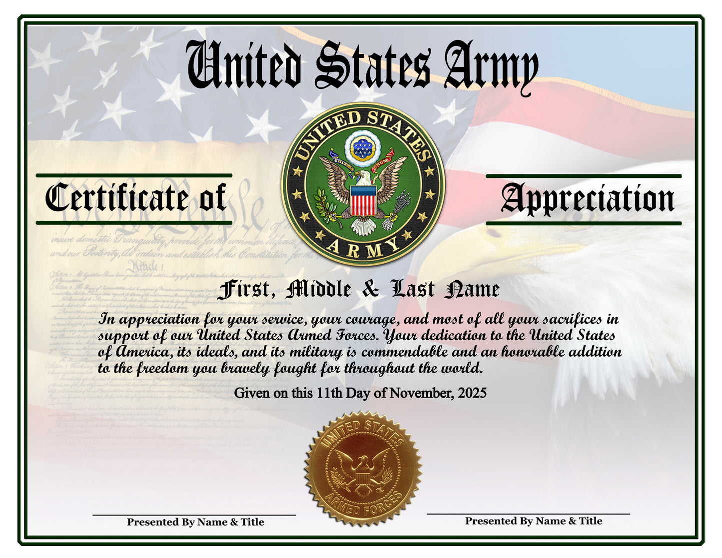 P13 Printed Veterans Day Certificates Pack
