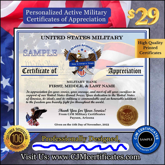 A sample image of a personalized active military certificate of appreciation with a background of stars and stripes, featuring the United States Military Bank emblem and a place for personalized text including the service member's name and rank.
