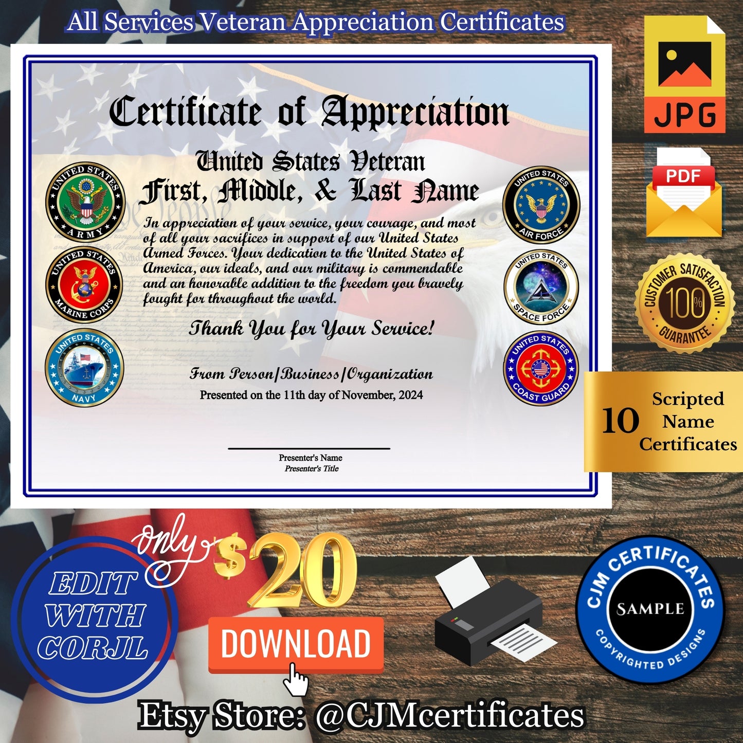 All Services Veteran Appreciation Certificates (10 Pack)